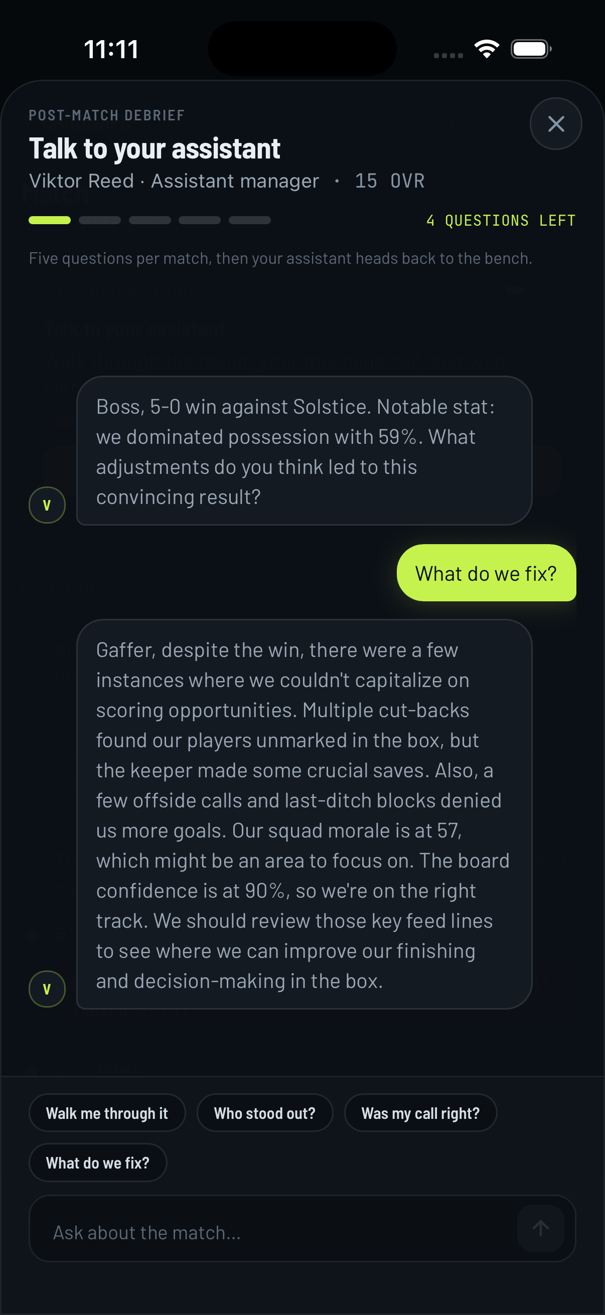 Debrief screen in CHRONAFC